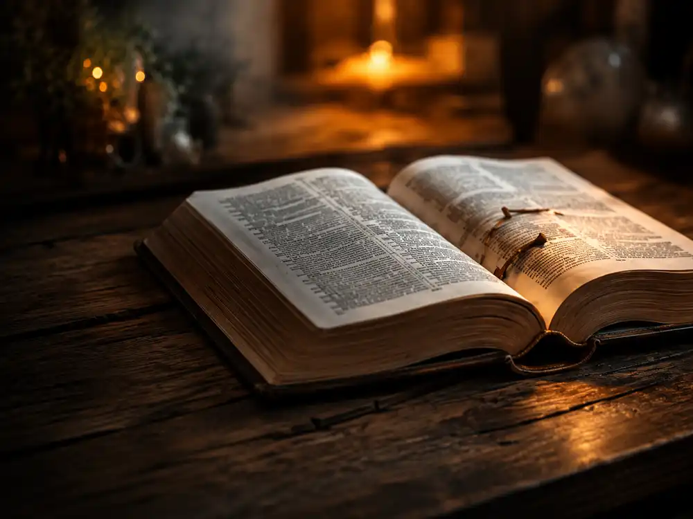 Open Bible scripture on wooden table with warm lighting for the gospel explained
