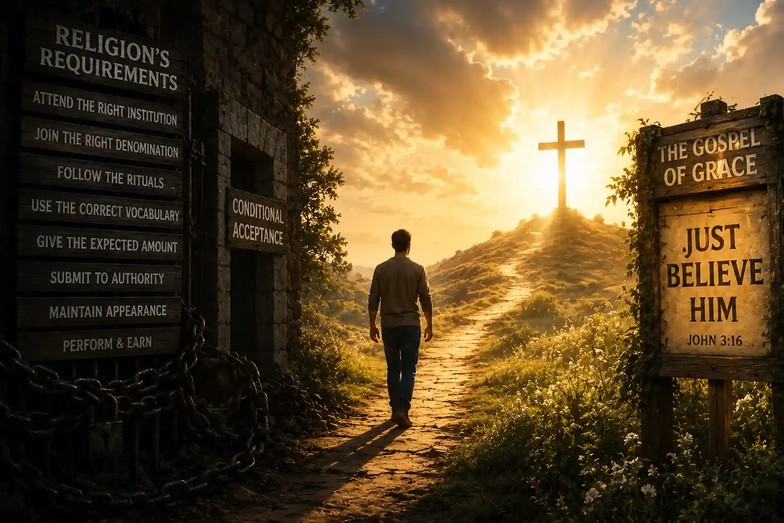 Path leading toward a cross with faith signs representing preterism articles