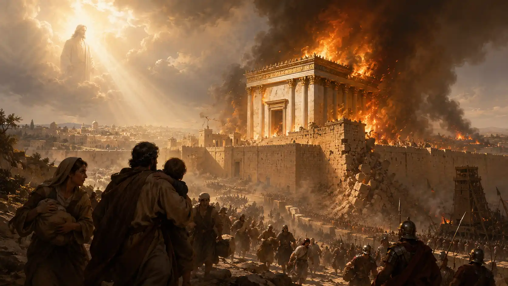 Burning temple in Jerusalem destruction representing preterist view of revelation